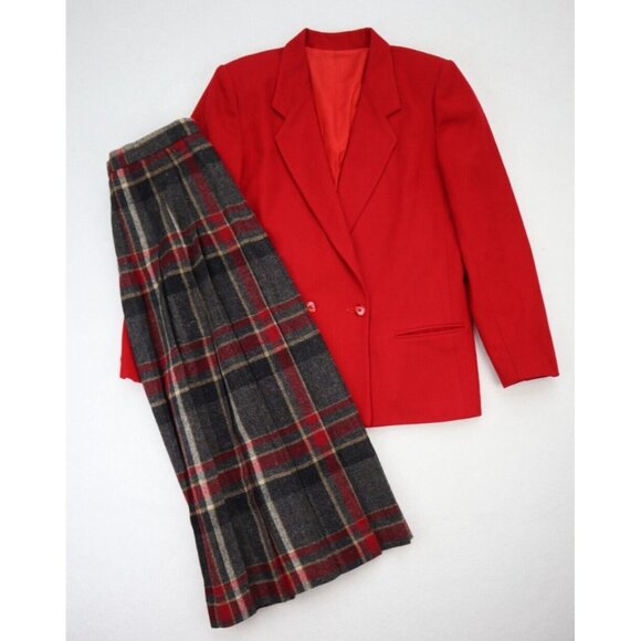 Mark Alexander Vintage Skirt Suit Size 12P Red Pleated Midi - Picture 1 of 16